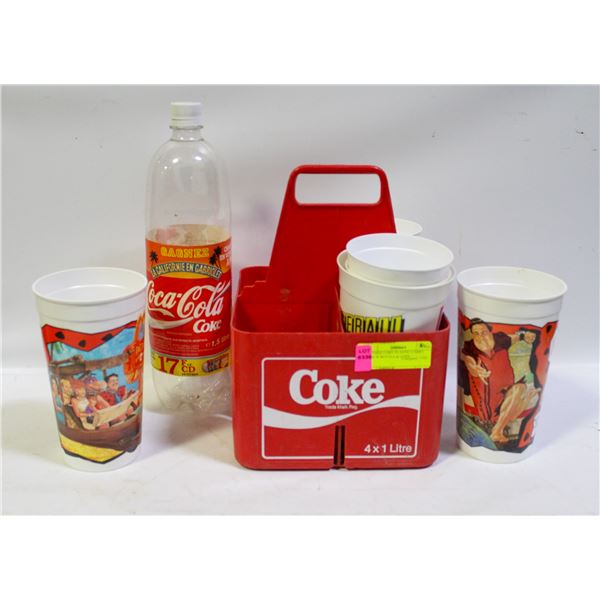 VINTAGE COKE PLASTIC CARRY CASE W BOTTLE & CUPS