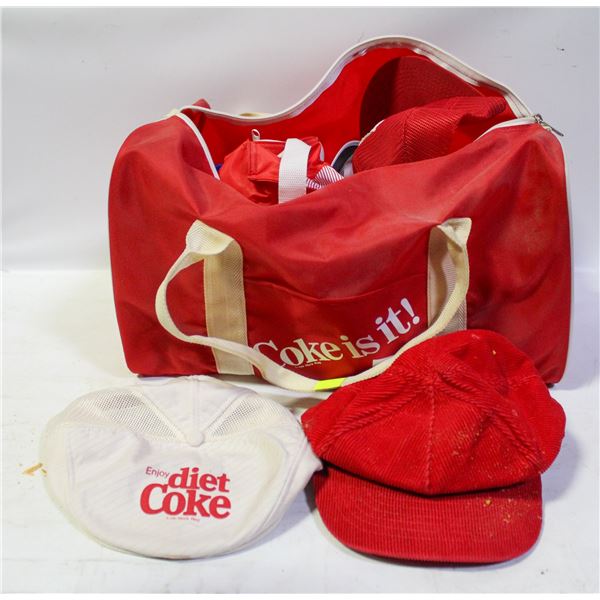 COKE GYM BAG FULL OF VINTAGE COKE HATS ETC