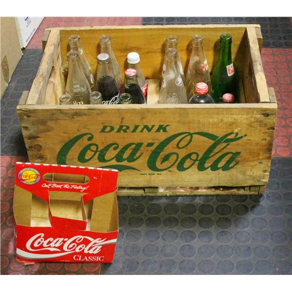 ANTIQUE WOOD COKE CRATE FULL OF BOTTLES
