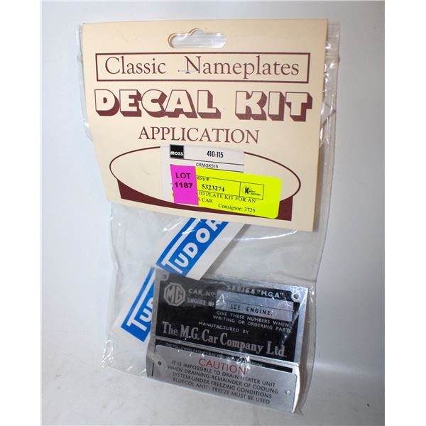 DECAL AND ID PLATE KIT FOR AN MGA SPORTS CAR