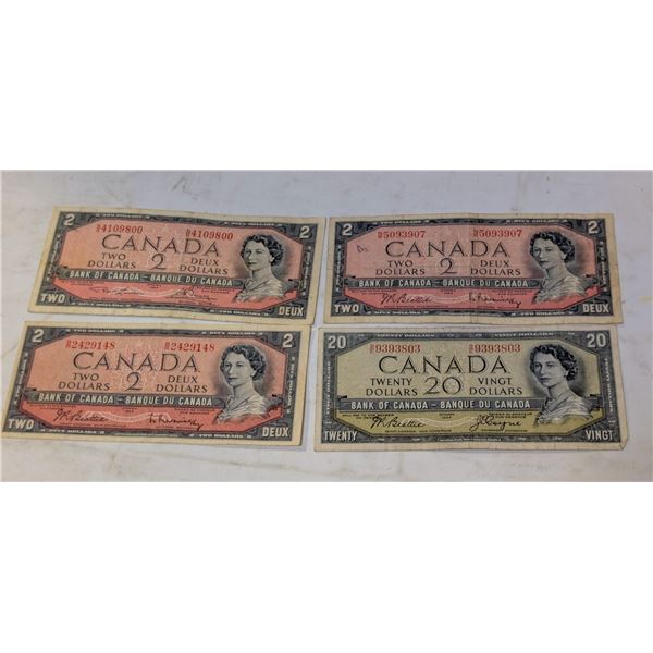 1954 CANADA 20 AND 2 DOLLAR BILLS