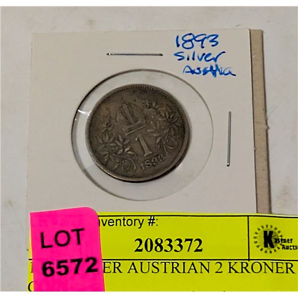 1893 SILVER AUSTRIAN 2 KRONER COIN