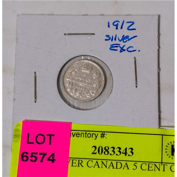 1912 SILVER CANADA 5 CENT COIN EXC