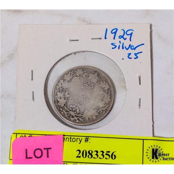 1929 SILVER CANADA 25 CENT COIN