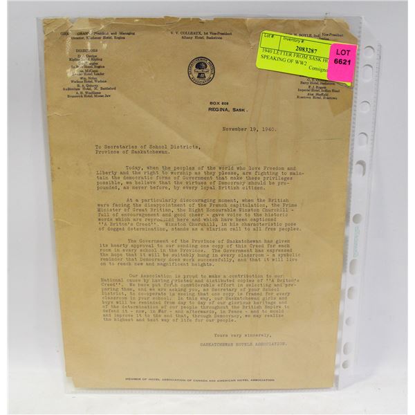 1940 LETTER FROM SASK HOTELS SPEAKING OF WW2