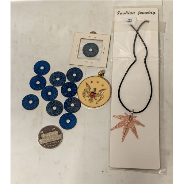 LOT OF TOKENS, NECKLACE & PENDANT