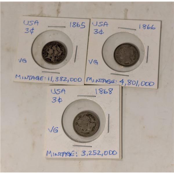 1865 1866 AND 1868 USA 3 CENT COINS