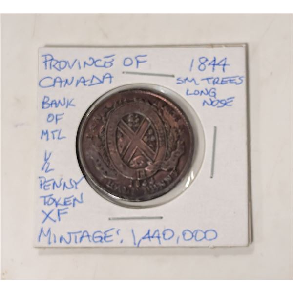 1844 PROV OF CANADA HALF PENNY SM TREES LONG NOSE