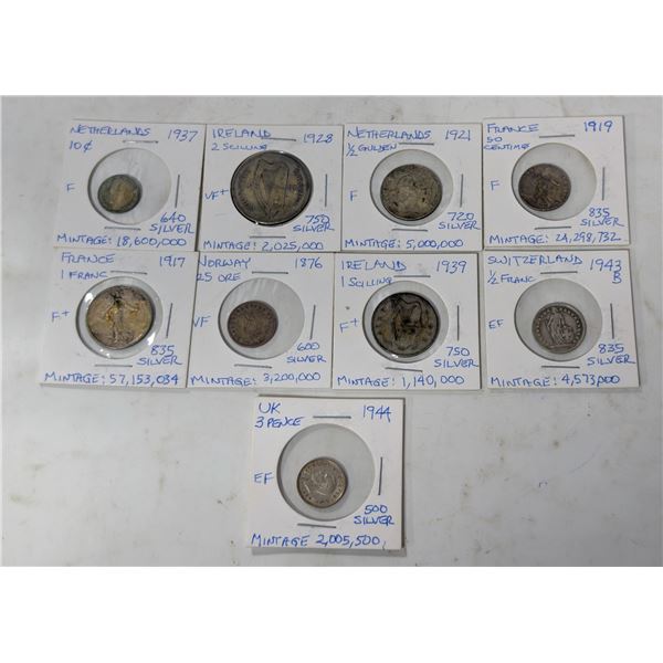 LOT OF 9 EUROPEAN SILVER COINS 1876-1944