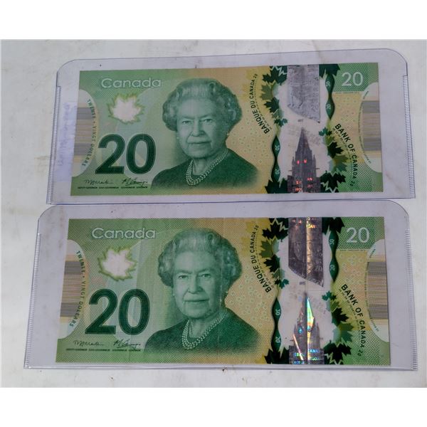 PAIR 2013 CANADA $20 BANKNOTES COOL SERIAL