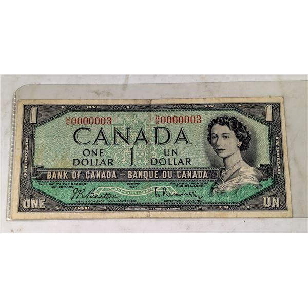 1954 CANADA $1 BANKNOTE SINGLE DIGIT SERIAL
