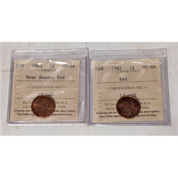 1982 AND 1983 CANADA ONE CENT COINS CERTIFIED UNC