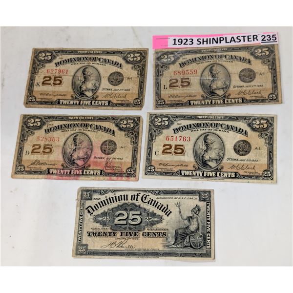 LOT OF 5 DOMINION OF CANADA SHINPLASTERS