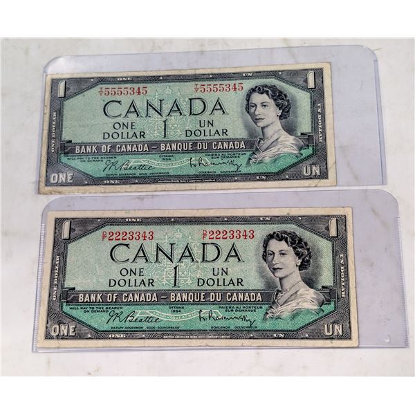 PAIR 1954 CANADA $1 BANKNOTES WITH SERIAL #S