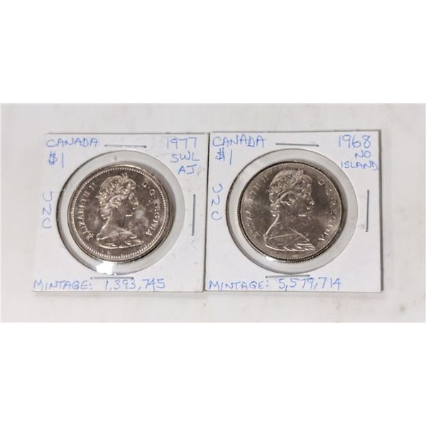 1968 NO ISLAND AND 1977 SWL/AJ CANADA $1 COINS