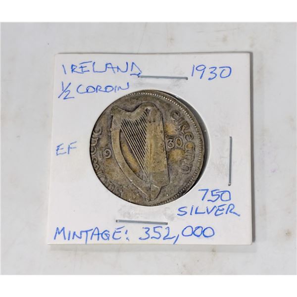 1930 IRELAND HALF COROIN SILVER COIN 750 SILVER