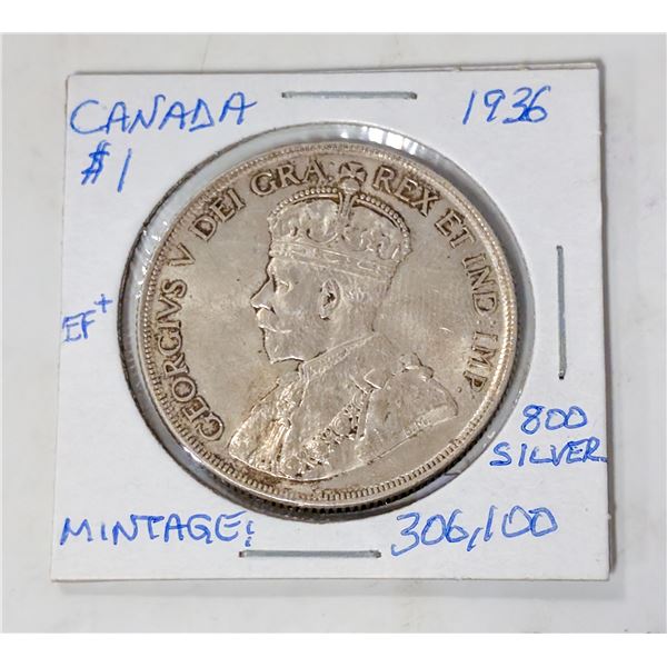 1936 CANADA $1 SILVER COIN 800 SILVER