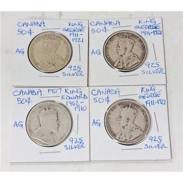 LOT OF 4 CANADA 50 CENT SILVER COINS ROUGH