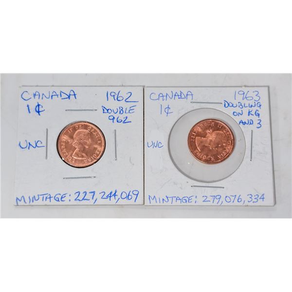1962 AND 1963 CANADA ONE CENT COINS W/ DOUBLING