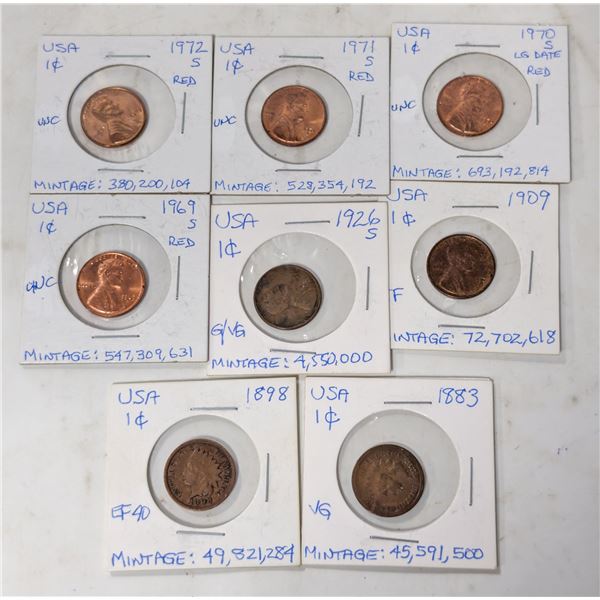 LOT OF 8 USA ONE CENT COINS 1883-1972