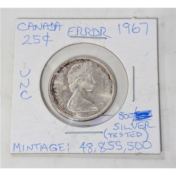 1967 CANADA 25 CENT SILVER COIN DIE ROTATION ERROR
