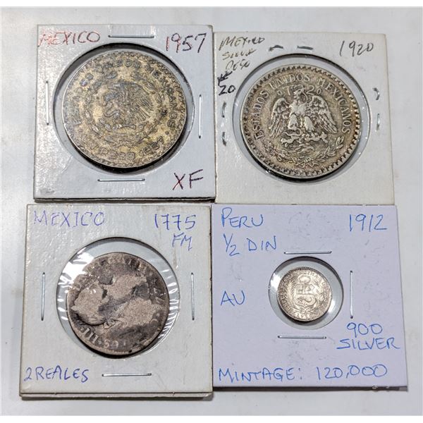 LOT OF 4 AMERICAS SILVER COINS MEXICO PERU