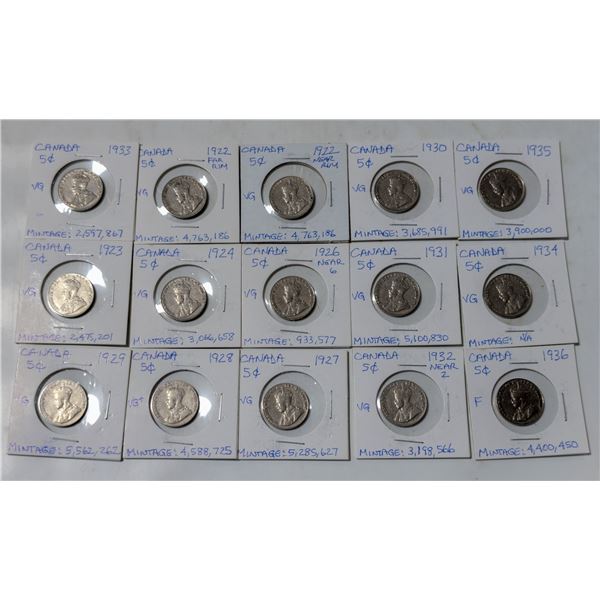 LOT OF 15 KING GEORGE V 5 CENT COINS 1922-1936