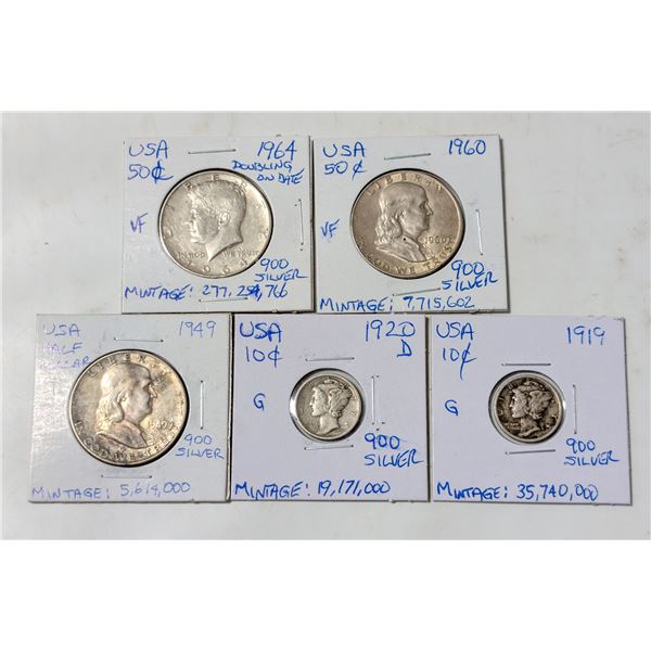 LOT OF 5 USA SILVER COINS 1919-1964