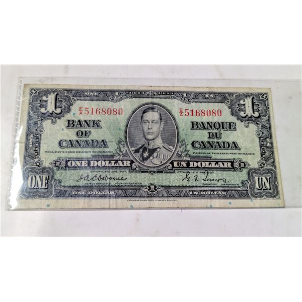 1937 CANADA $1 BANKNOTE. SCARCE OSBORNE EA5168080