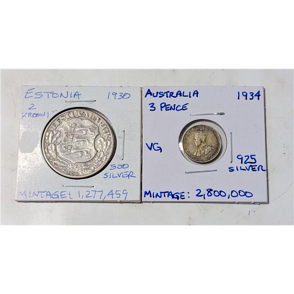 PAIR OF INTL SILVER COINS ESTONIA AND AUSTRALIA