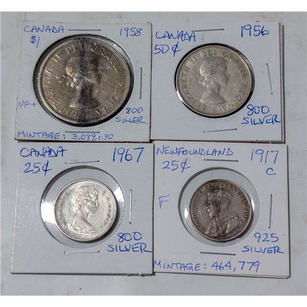 LOT OF 4 CANADA SILVER COINS 1917-1958