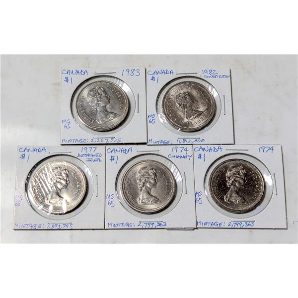 LOT OF 5 MODERN CANADA $1 COINS