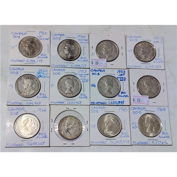 LOT OF 11 CANADA 50 CENT SILVER COINS 1920-1966