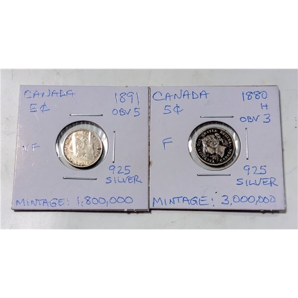 1880H OBV 3 AND 1891 OBV 5 CANADA 5 CENT SILVER