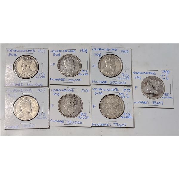 7 NEWFOUNDLAND 50 CENT SILVER COINS 1898-1911