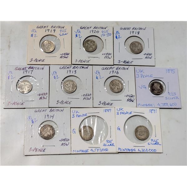 LOT OF 10 UK 3 PENCE SILVER COINS 1889-1920