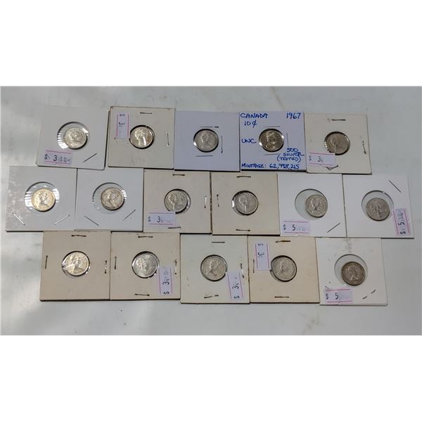 LOT OF 16 CANADA 10 CENT SILVER COINS