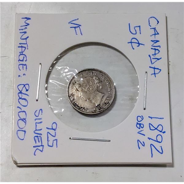 1892 OBV 2 CANADA 5 CENT SILVER COIN 925 SILVER