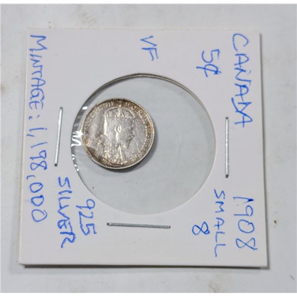 1908 SMALL 8 CANADA 5 CENT SILVER COIN 925 SILVER