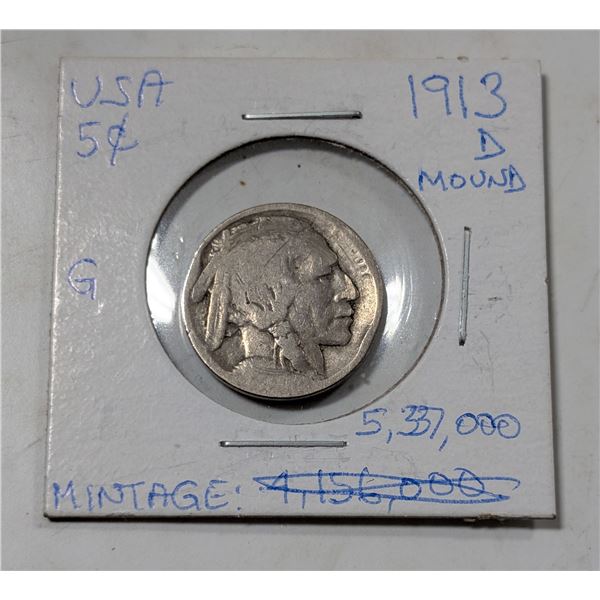 1913D USA 5 CENTS COIN. BUFFALO NICKEL WITH MOUND