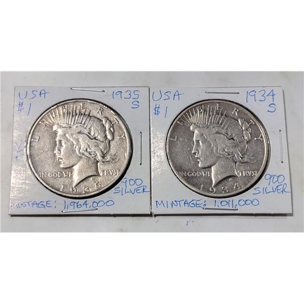 1934 AND 1935 USA PEACE SILVER DOLLARS