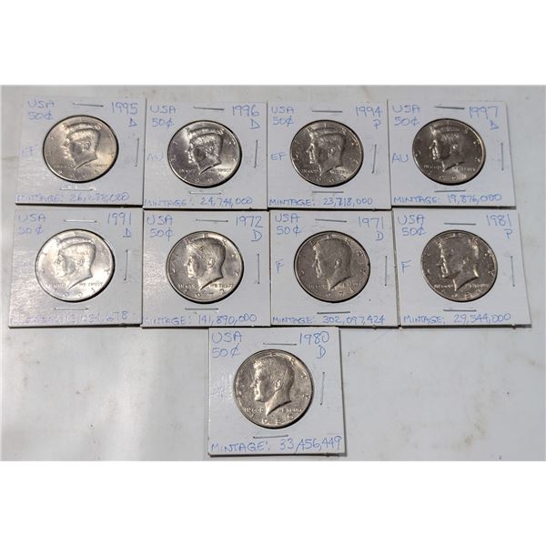 LOT OF 9 USA 50 CENT COINS 70S/80S/90S