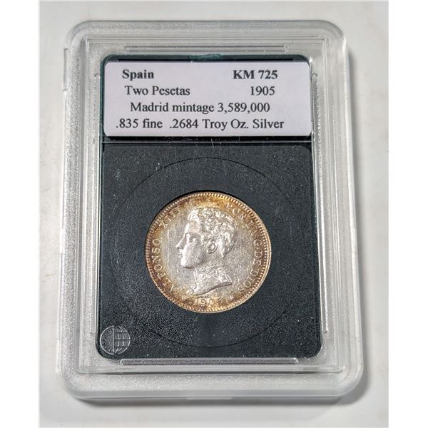 1905 SPAIN 2 PESETAS SILVER COIN 835 SILVER