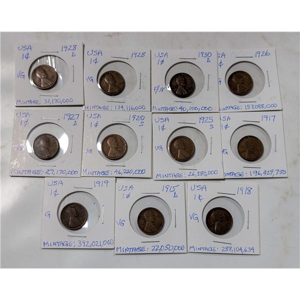 LOT OF 11 USA LINCOLN WHEAT PENNIES