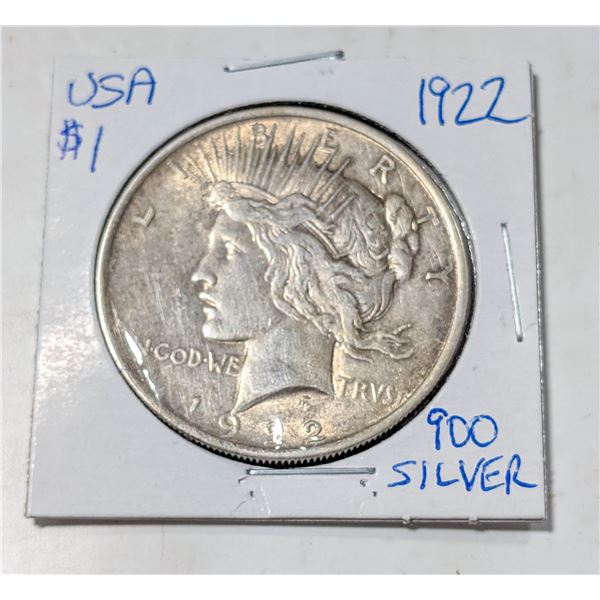 1922 USA SILVER PEACE DOLLAR 900 SILVER