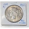 Image 1 : 1922 USA SILVER PEACE DOLLAR 900 SILVER