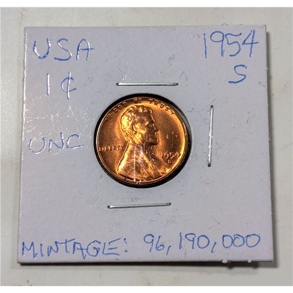 1954S USA 1 CENT COIN. UNCIRCULATED.