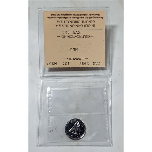 1993 CANADA 10 CENTS COIN. CERTIFIED.