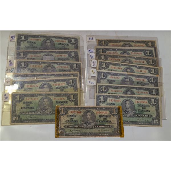 LOT OF 14 CANADA 1937 $1 BANKNOTES. VARIOUS SIGS