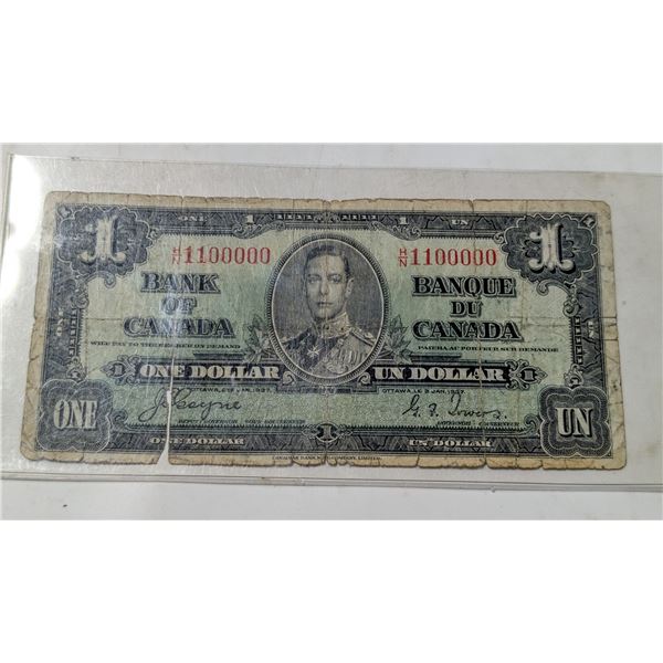 1937 CANADA $1 BANKNOTE 1.1 MILLION SERIAL #